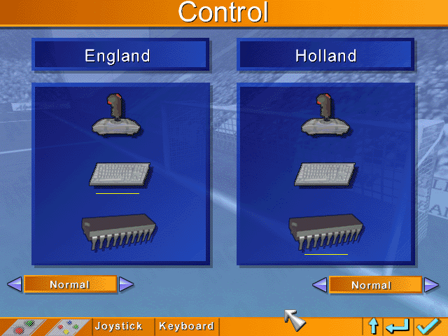 Kick Off 96 (DOS) screenshot: Control selection screen
