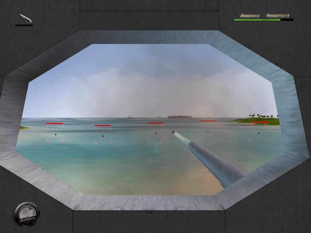 World War II: Pacific Heroes (Windows) screenshot: Sinking enemy barges with a field gun.