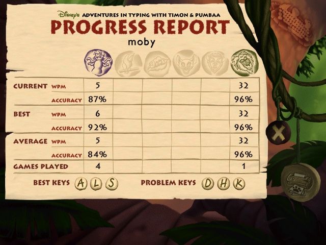Disney's Adventures in Typing with Timon and Pumbaa (Windows) screenshot: The progress report, showing bests, averages, and problem keys.