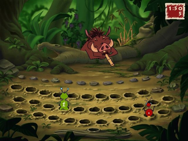 Disney's Adventures in Typing with Timon and Pumbaa (Windows) screenshot: Playing Smack-A-Bug.