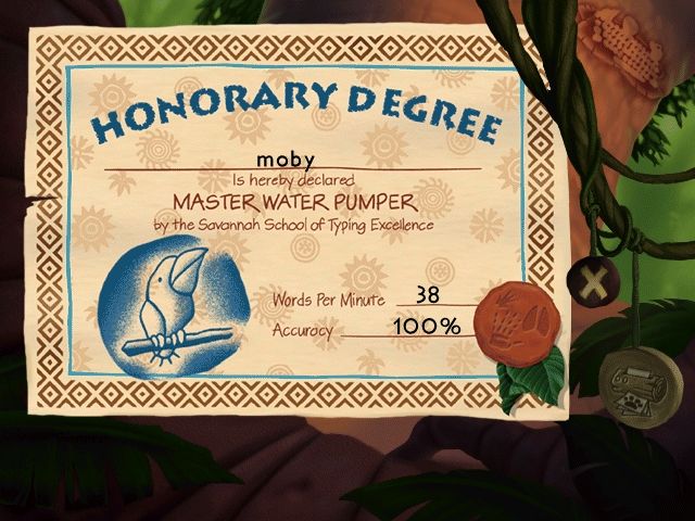 Disney's Adventures in Typing with Timon and Pumbaa (Windows) screenshot: Another printable certificate - the player has speeded up a bit :)