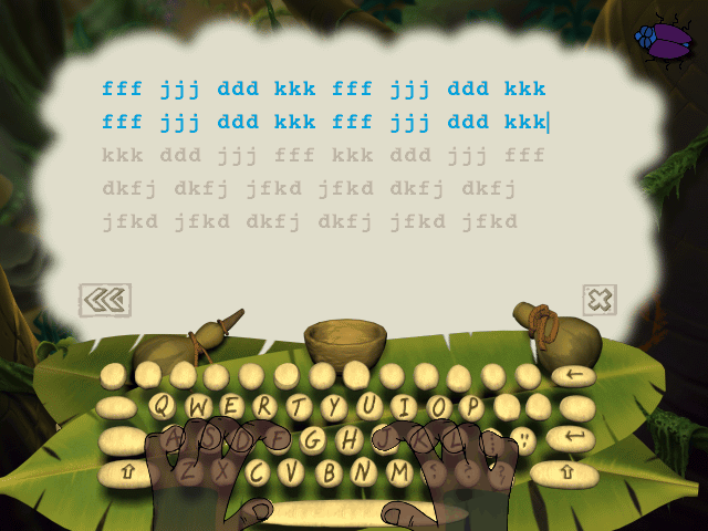 Disney's Adventures in Typing with Timon and Pumbaa (Windows) screenshot: Beginning to practice the home keys.