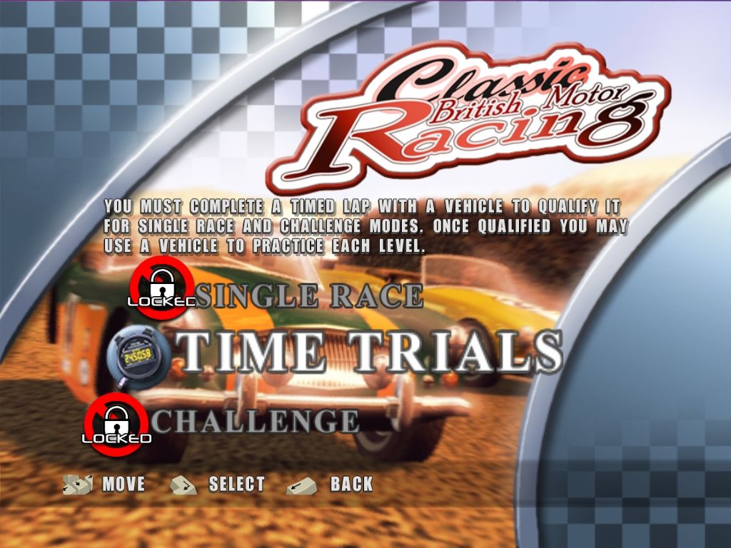 Classic British Motor Racing (Windows) screenshot: Game mode selection. The Single Race and Challenge mode are locked until you qualify with any car in the Time Trial mode.