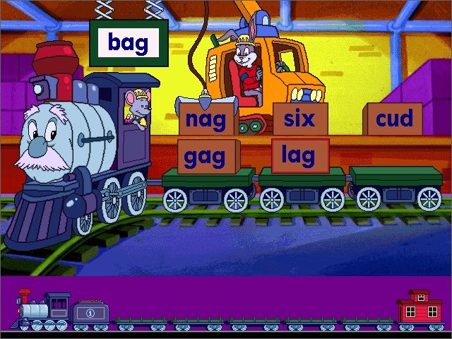 Reader Rabbit's Reading 1 (Windows) screenshot: Choosing similar words from the loading dock to pile onto Ernest the word train