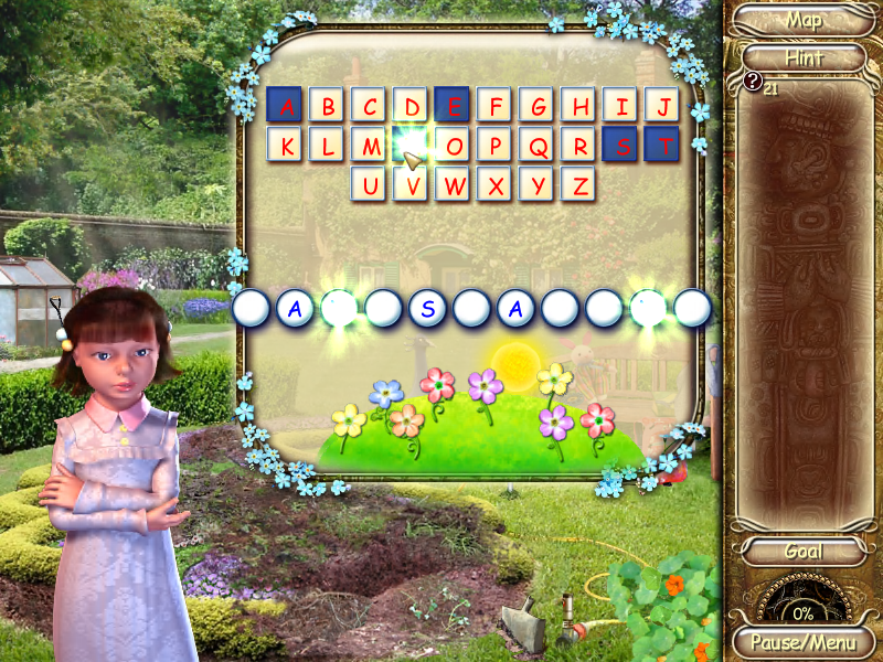 Laura Jones and the Gates of Good and Evil (Windows) screenshot: Playing a word game with the gardener's daughter.