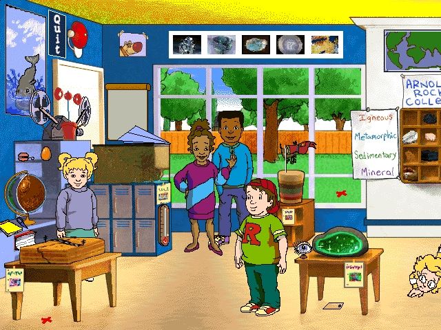 Scholastic's The Magic School Bus Explores Inside the Earth (Windows) screenshot: On the left side of the classroom, Ralphie shows off a geode