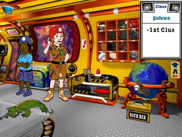 Scholastic's The Magic School Bus Explores Inside the Earth (Windows) screenshot: In the back of the bus, Ms. Frizzle reveals the first clue to Arnold's missing minerals