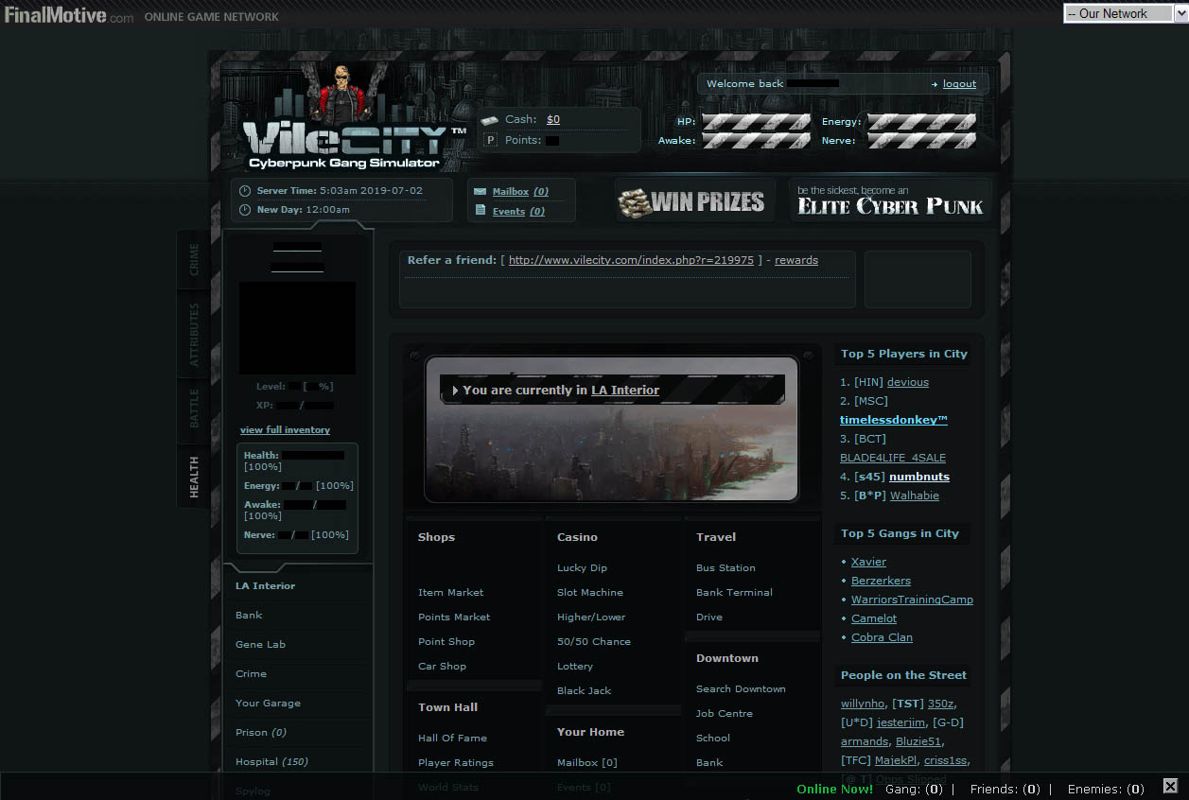 Vile City: Cyberpunk Gang Simulator (Browser) screenshot: What you typically find when you logon to Vile City, save the stat censoring.