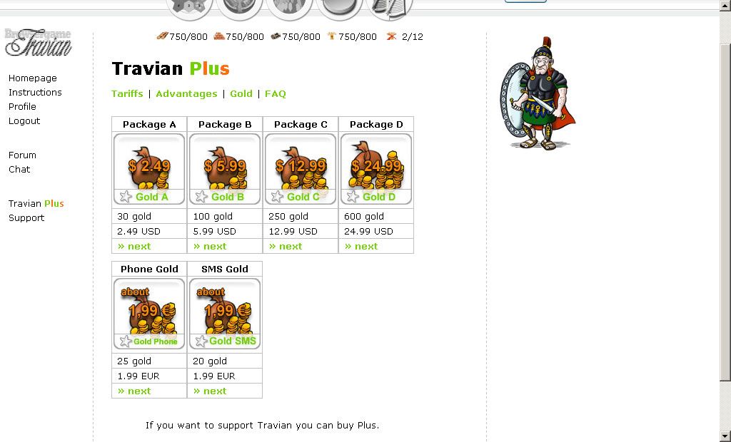 Travian (Browser) screenshot: You can upgrade to the Plus or the Gold version of the game for a fee.