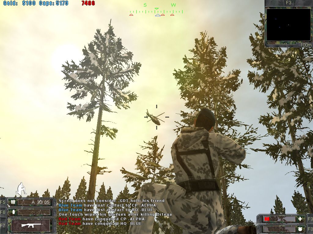 Söldner: Secret Wars (Windows) screenshot: An enemy helicopter is watching our team area.
