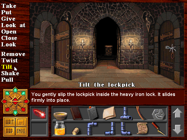 Death Gate (DOS) screenshot: Haplo is quite the master thief. Listen to the sounds each action produces to get the correct combination