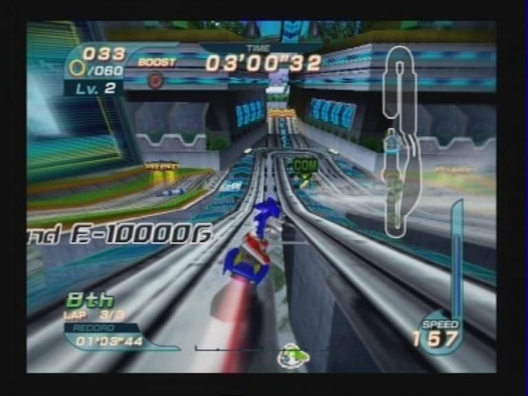 Sonic Riders (PlayStation 2) screenshot: In Game 5 - Stage 1: Closing in on a computer opponenet.