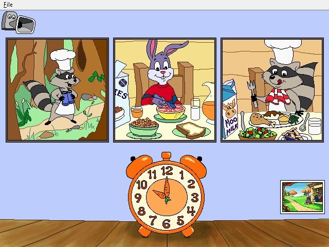 Reader Rabbit's Kindergarten (Windows) screenshot: ...the Camp Clock, where the player chooses an appropriate picture for the given time