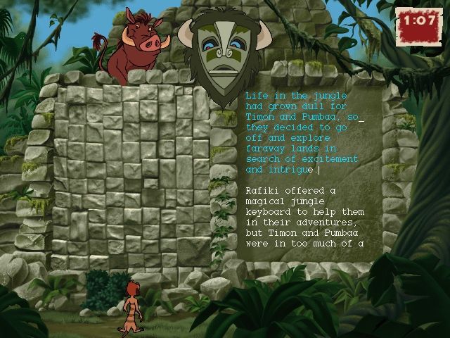 Disney's Adventures in Typing with Timon and Pumbaa (Windows) screenshot: The player must edit his errors while typing this paragraph, or Timon and Pumbaa can't move along.