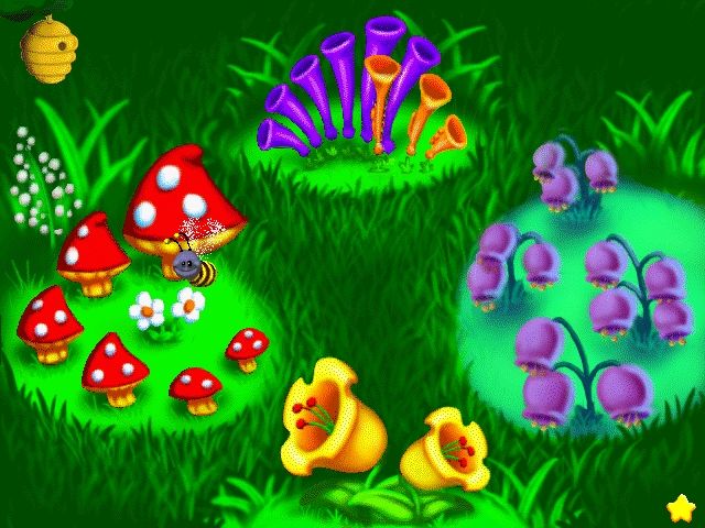 Reader Rabbit's Toddler (Windows) screenshot: In Musical Meadow, The player moves a bee-shaped cursor among the flowers to turn the music on and off