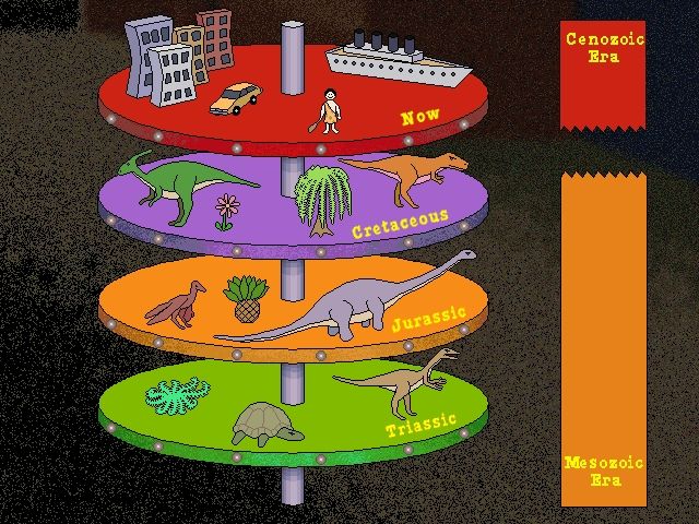 Scholastic's The Magic School Bus Explores in the Age of Dinosaurs (Windows) screenshot: Clicking the flora and fauna will show what was living during that era.