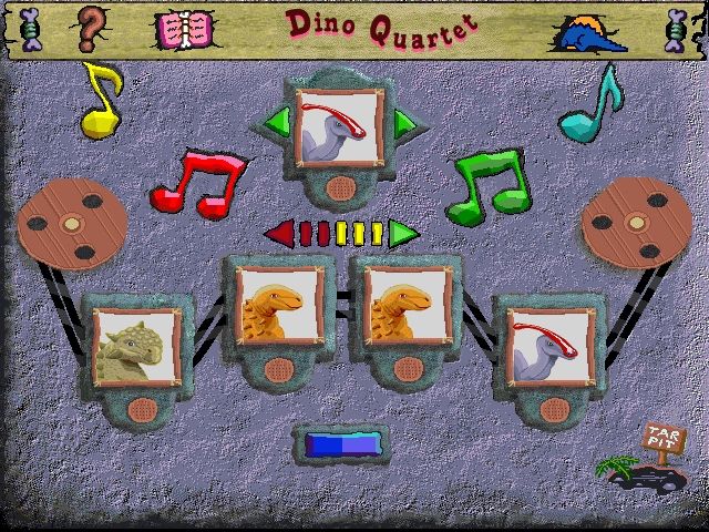 Scholastic's The Magic School Bus Explores in the Age of Dinosaurs (Windows) screenshot: Each dinosaur makes a sound - arrange them in any order and play.