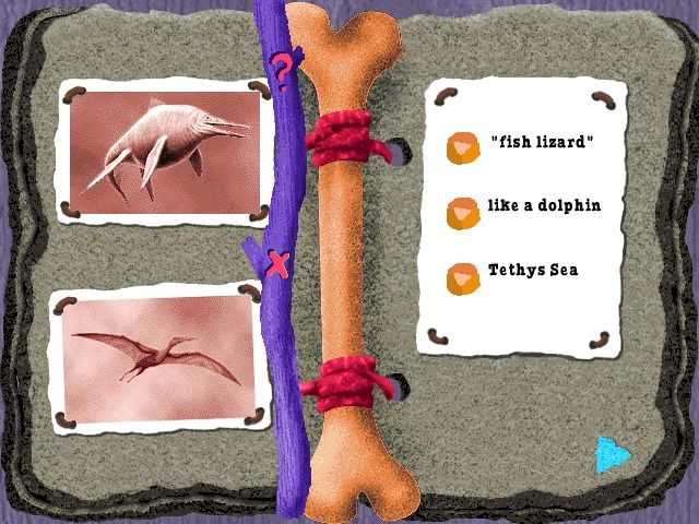 Scholastic's The Magic School Bus Explores in the Age of Dinosaurs (Windows) screenshot: Surprise! There are pictures missing, and the player must replace them using a few hints.