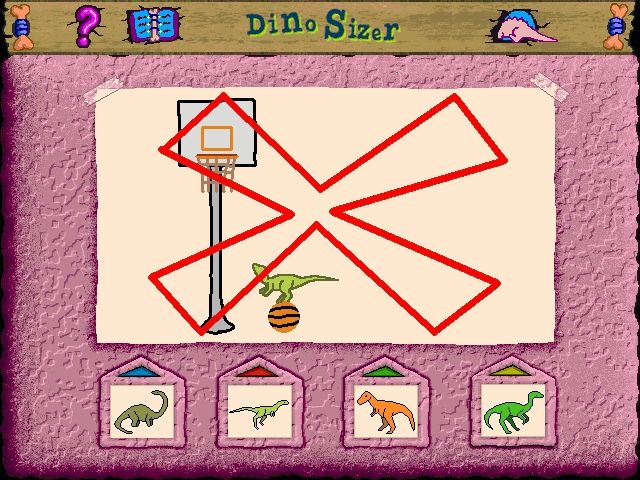 Scholastic's The Magic School Bus Explores in the Age of Dinosaurs (Windows) screenshot: Choose which dinosaur was about the height of a basketball net. Not that one!