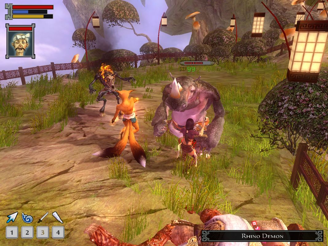 Jade Empire: Special Edition (Windows) screenshot: Fighting with a rhino demon, and a horse demon. A fox spirit is helping me.
