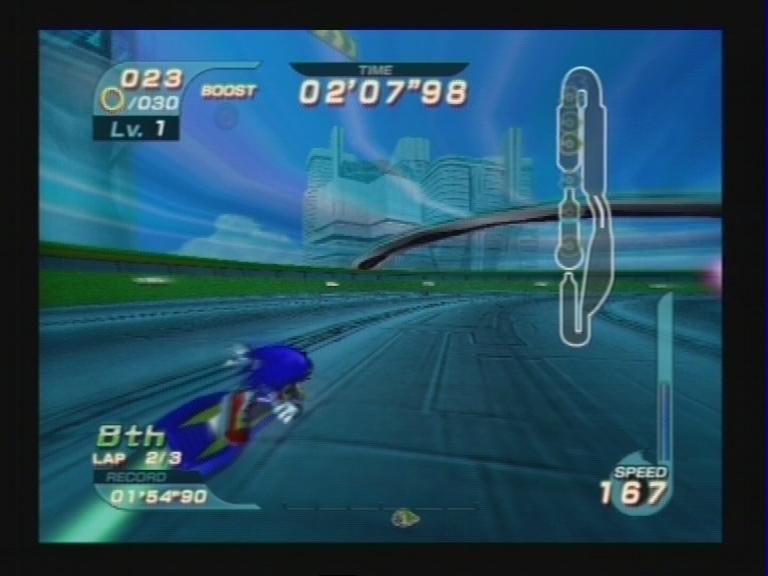 Sonic Riders (PlayStation 2) screenshot: In Game 1 - Stage 1: Sonic makes a sharp turn.
