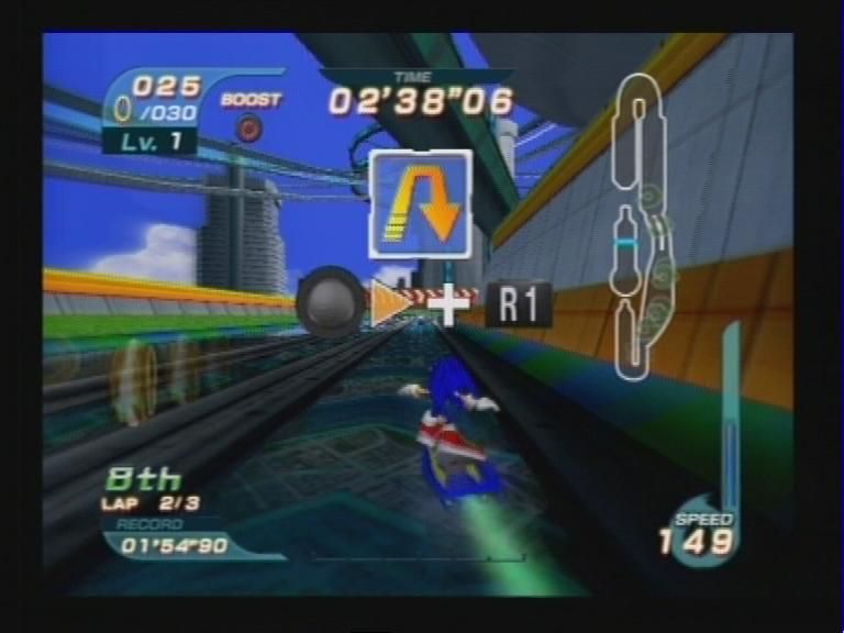 Sonic Riders (PlayStation 2) screenshot: In Game 3 - Stage 1: Left and R1 to perform an action.