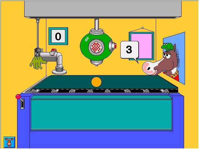 Millie's Math House (Windows) screenshot: In <i>Question and Answer</i> mode, Harley requests a specific number of jellybeans