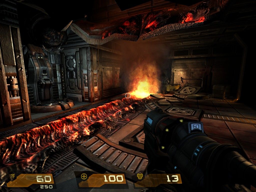 Quake 4 (Windows) screenshot: Rough landing... the pod melts the metal floor and stops in the next room