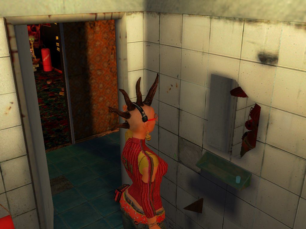 Jadernyj Titbit 2 (Windows) screenshot: Stacya is looking in the mirror in toilet of his brother's friend (Russian)
