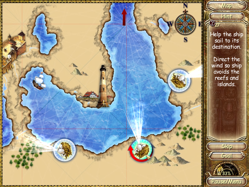 Laura Jones and the Gates of Good and Evil (Windows) screenshot: Mini-game: point the winds so that they blow the boat to the goal.