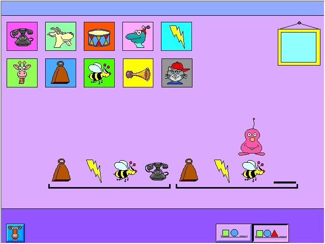 Millie's Math House (Windows) screenshot: The player must finish a picture/sound pattern. Diddiculty levels can be changed on the bottom right