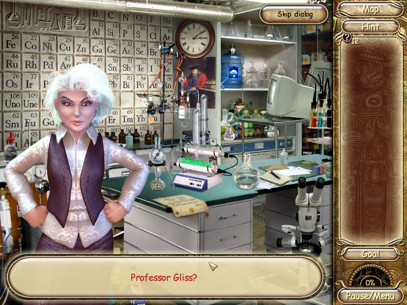 Laura Jones and the Gates of Good and Evil (Windows) screenshot: In the chemistry lab, meeting the not so nice Professor Gliss.