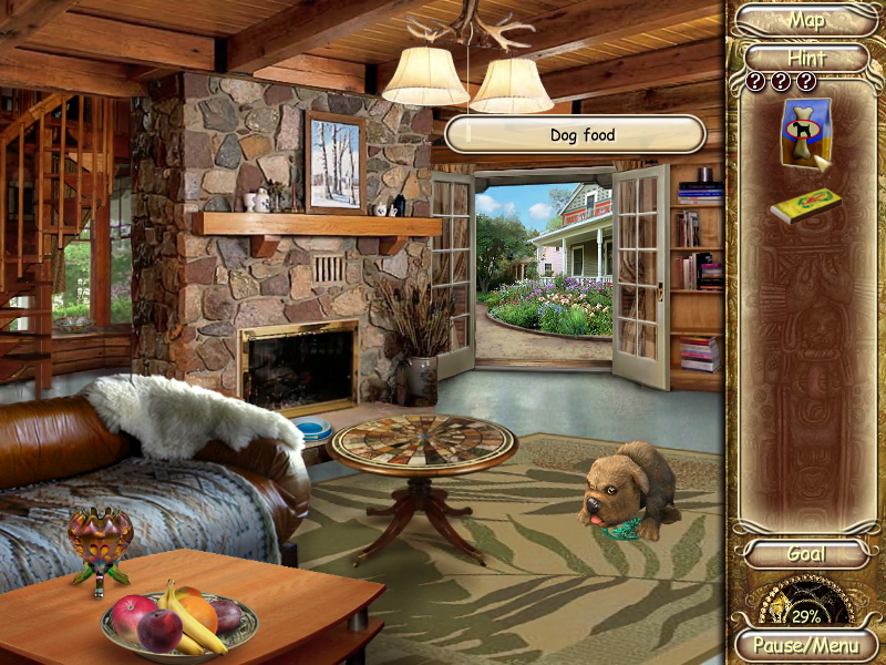 Laura Jones and the Gates of Good and Evil (Windows) screenshot: The first puzzle: feed the dog and light the fireplace.
