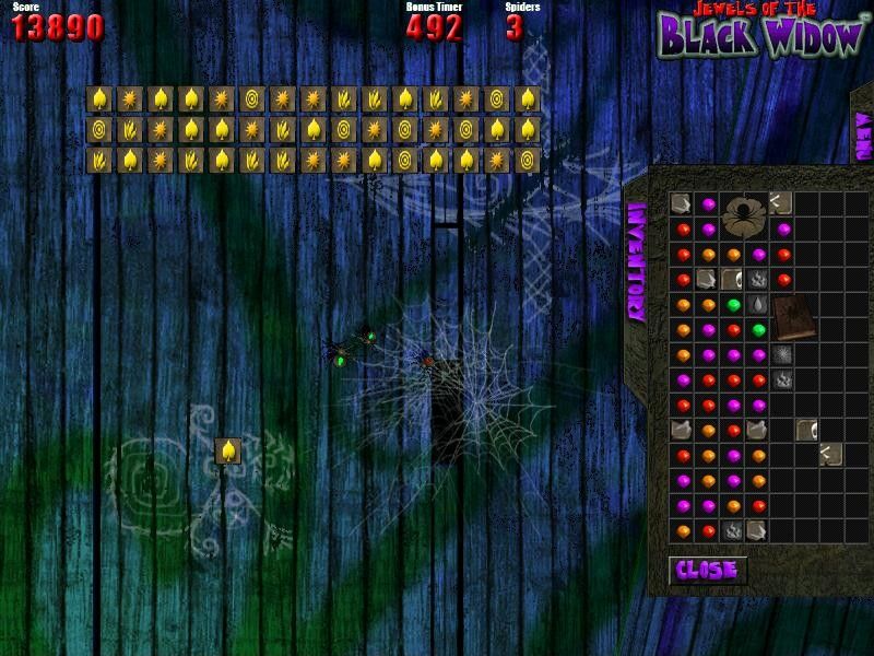 Jewels of the Black Widow (Windows) screenshot: Level 6. You don't swap tiles, you click a tile from the bottom of the screen and it moves to the bottom of the puzzle. Remove 80 tiles.