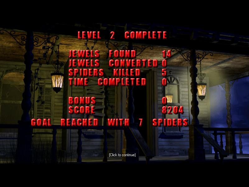 Jewels of the Black Widow (Windows) screenshot: Level 2 is done. I am running out of spiders.