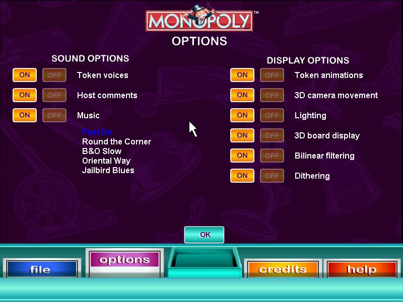 Monopoly (Windows) screenshot: Options screen