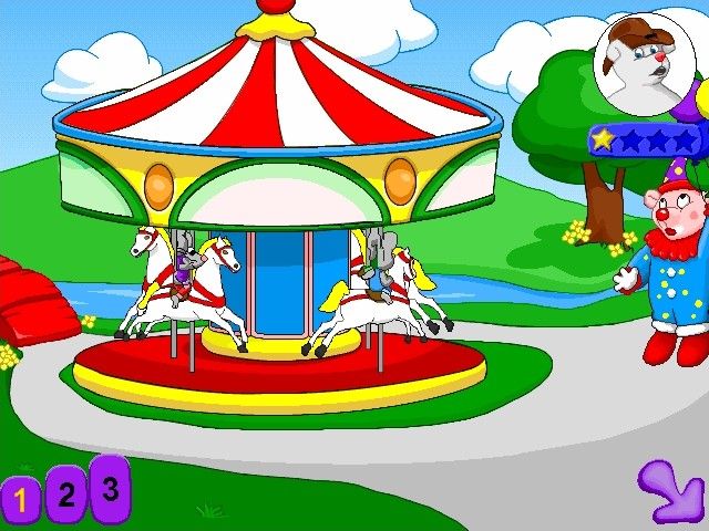 JumpStart Pre-K (Windows) screenshot: The clown floats away once he holds all the balloons