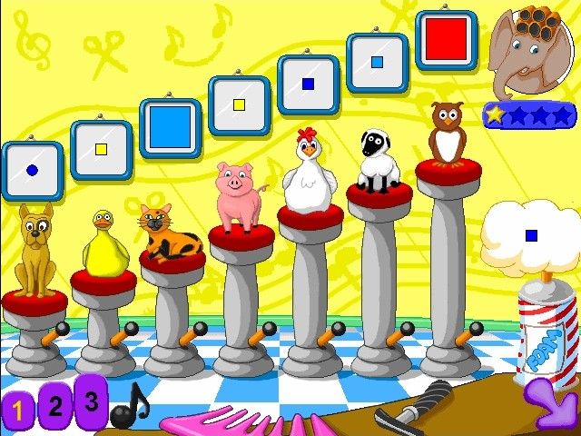 JumpStart Pre-K (Windows) screenshot: Follow the shapes as they appear in the shaving cream. The levers at the bottom of the stools will bounce the current animal off and replace it with a new one