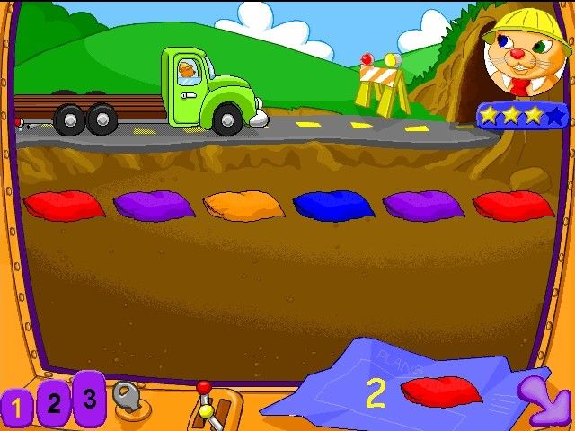 JumpStart Pre-K (Windows) screenshot: Construction Zone - load up the truck before it enters the tunnel