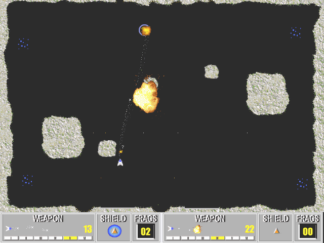 Gravity Force (DOS) screenshot: Head-to-head on a level with moving asteroids; note the screen brightening seen with explosions.