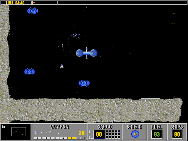 Gravity Force (DOS) screenshot: Firing guided missiles in a group of enemy ships.