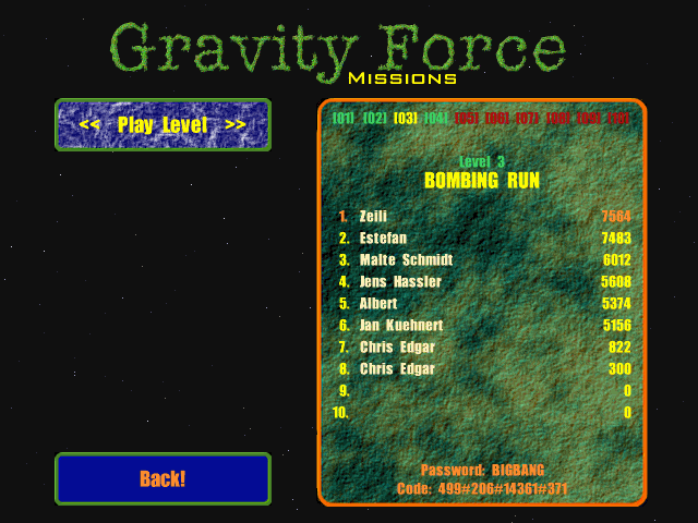 Gravity Force (DOS) screenshot: The single-player missions screen