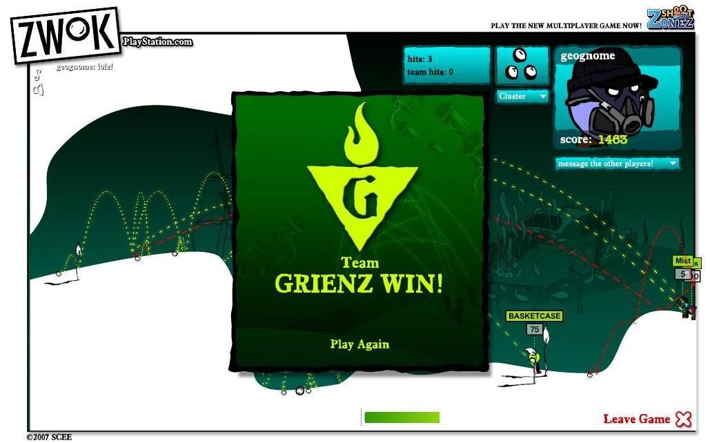 Zwok (Browser) screenshot: Team Grienz wins.