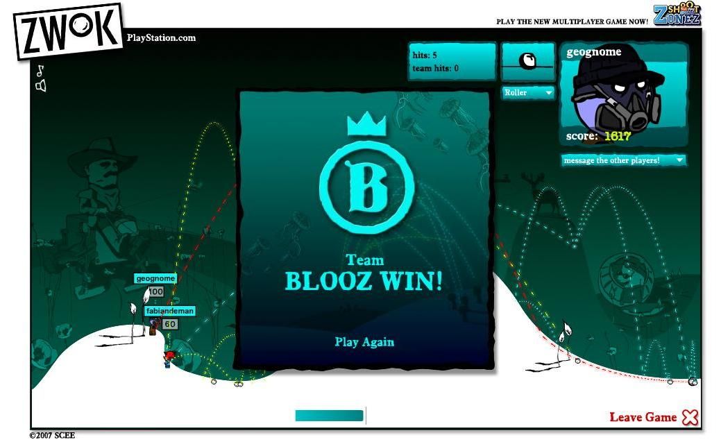 Zwok (Browser) screenshot: Team Blooz wins.