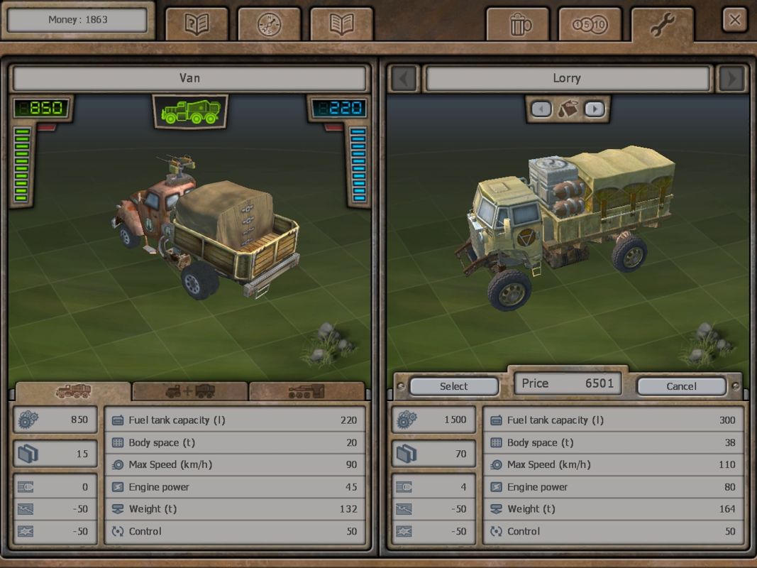 Hard Truck: Apocalypse (Windows) screenshot: Thinking about buying a new vehicle