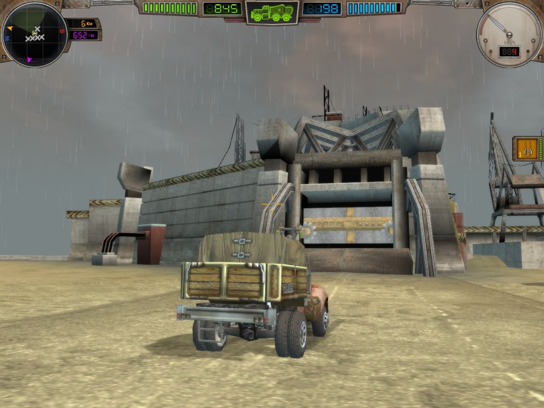 Hard Truck: Apocalypse (Windows) screenshot: Entering Porto, a heavily-guarded town by the sea
