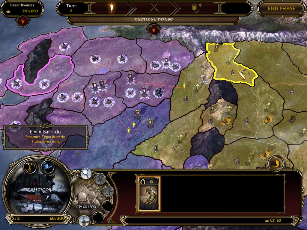The Lord of the Rings: The Battle for Middle-earth II (Windows) screenshot: During a session of a "war of the ring game". Buildings can be built in the territories that are under your control.