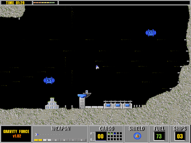 Gravity Force (DOS) screenshot: Flying through a hail of gun-emplacement shots.