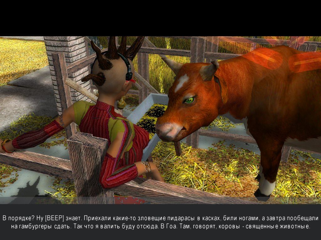 Jadernyj Titbit 2 (Windows) screenshot: Speaking with radioactive cow (Russian)