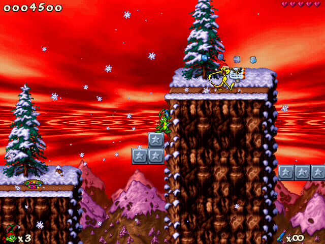 Jazz Jackrabbit 2: Holiday Hare 98 (Windows) screenshot: There are also lizards from JJ2, but with Santa's caps.